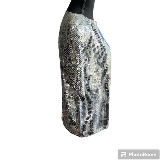 Vintage 80s Joseph le Bon Silver Blue Sequin Silk Short Sleeve Blouse Size Med - Picture 3 of 9